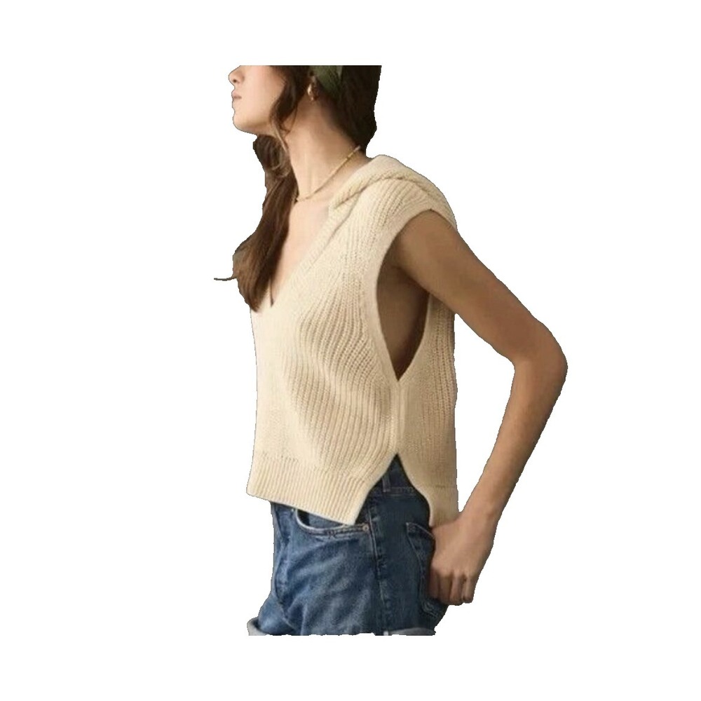 Pilcro Anthropology V-Neck Hooded Sweater Vest Knit Cream sz XXS Boxy Layer Soft